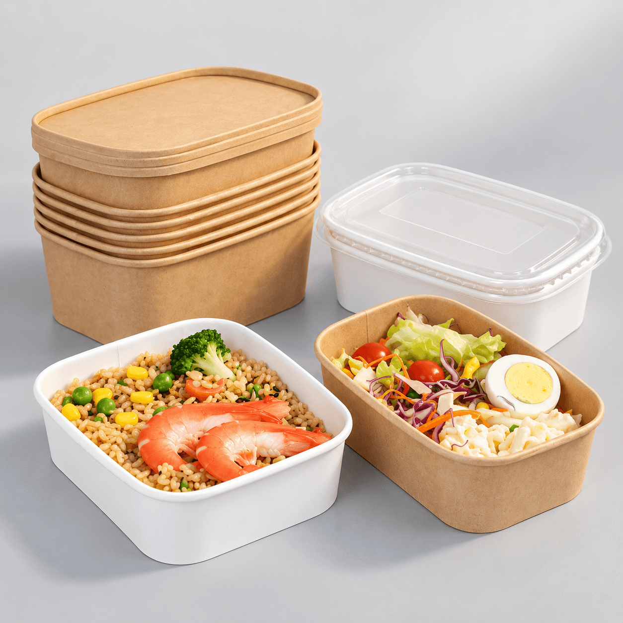 Kraft and White Rectangular Food Containers with Salad and Meal
