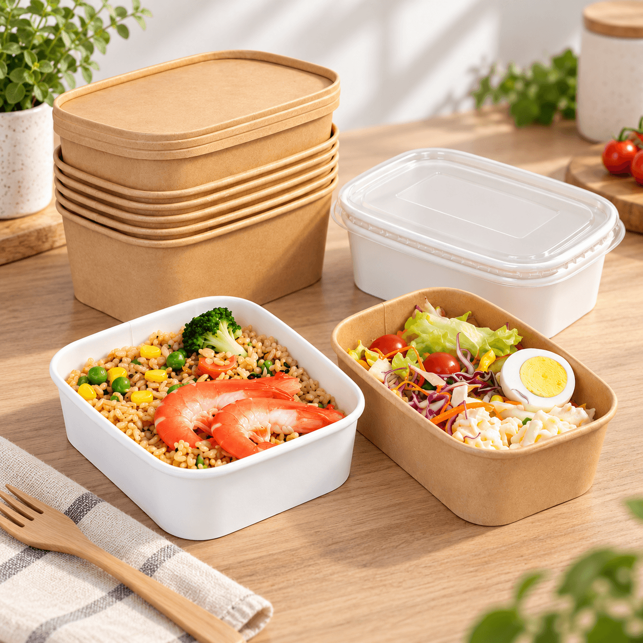 Rectangular Takeaway Salad Bowls on Dining Table Setup