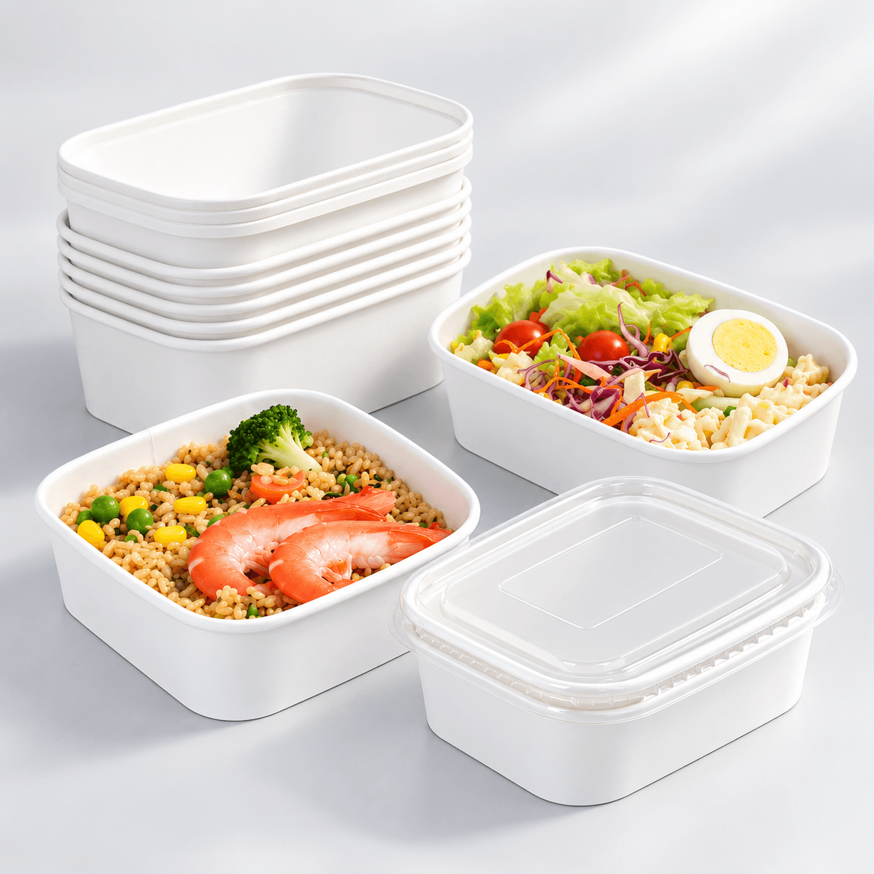White Rectangular Paper Bowls with Clear Lids and Fresh Food