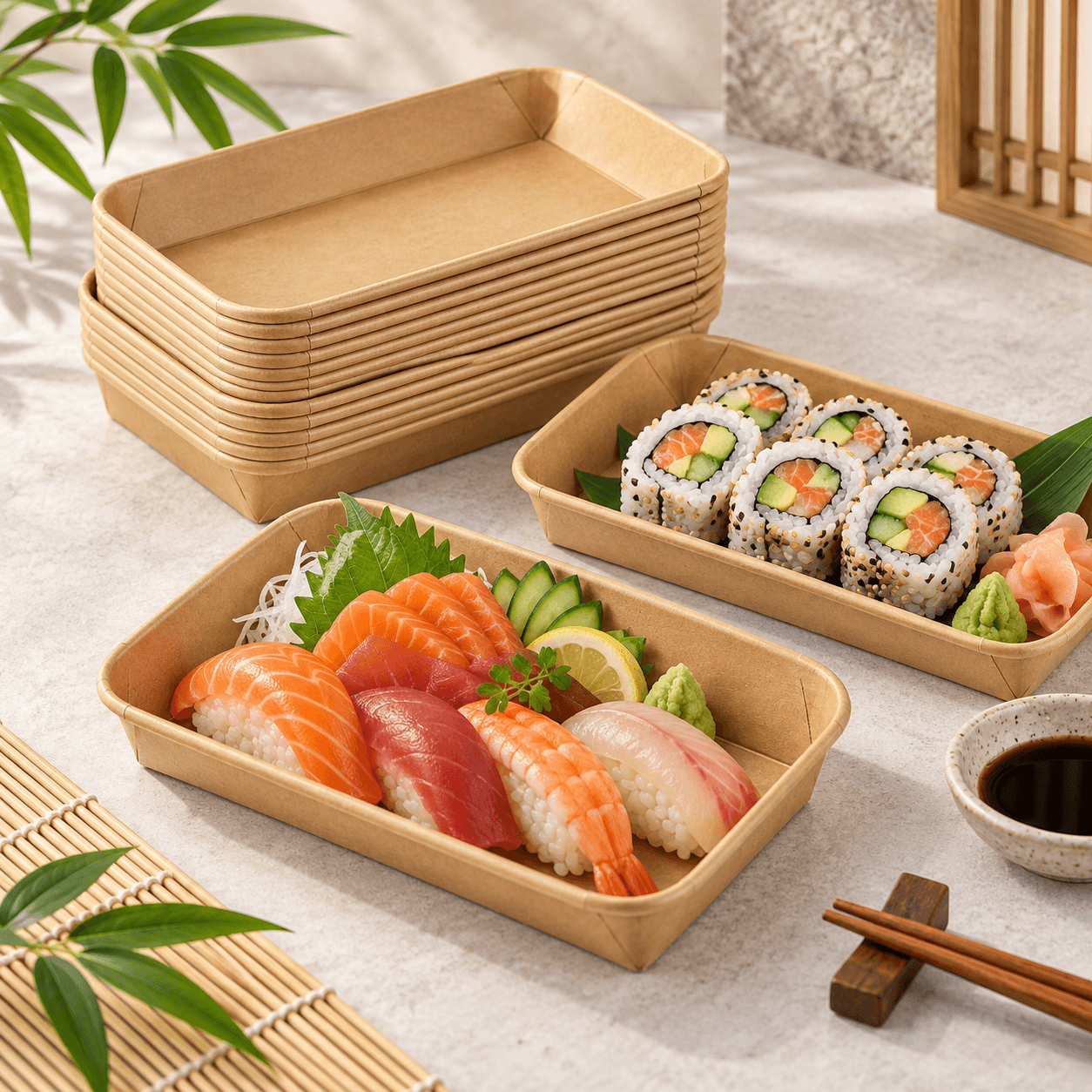 Stackable Paper Sushi Trays and Takeaway Packaging for Japanese Restaurant