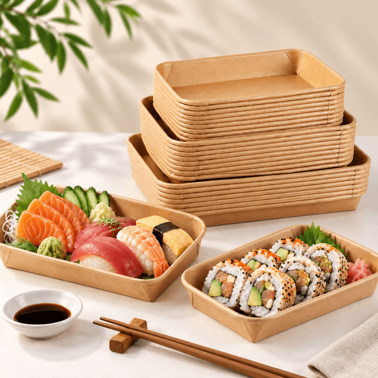 Clean Rectangular Kraft Paper Sushi Containers Studio Presentation