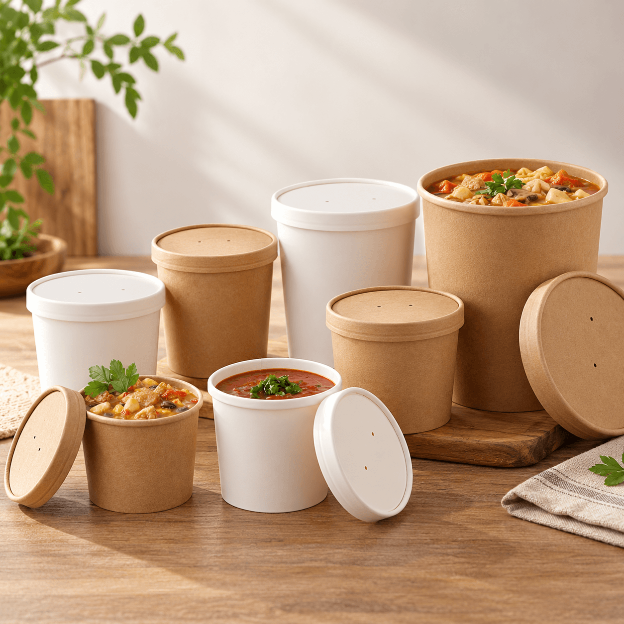 Kraft and White Soup Cups with Matching Paper Lids