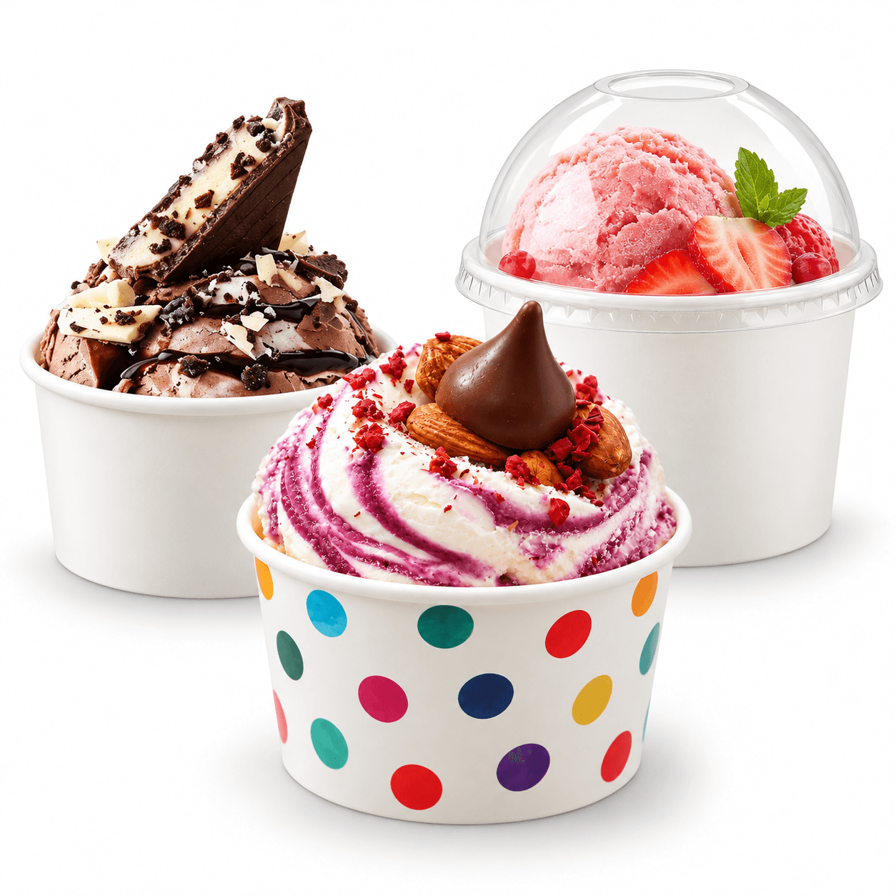 Paper Ice Cream Cups Display with Gelato and Dome Lid