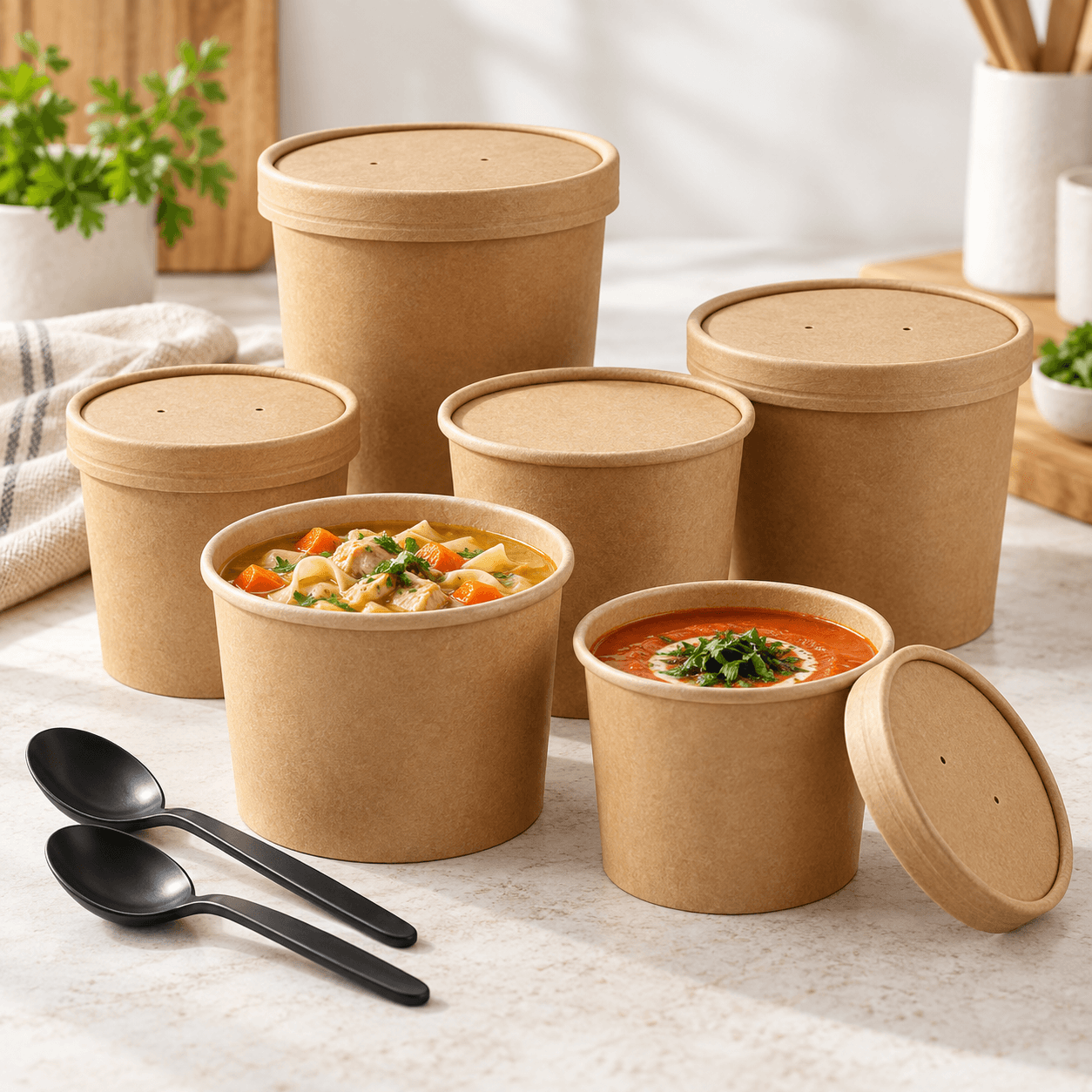 Kraft Paper Soup Cups Lineup with Spoons