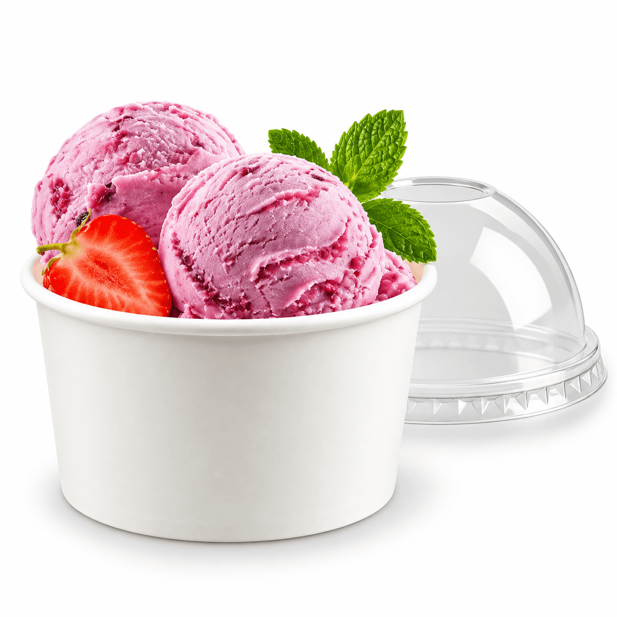 White Paper Ice Cream Cup with Strawberry Gelato and Dome Lid
