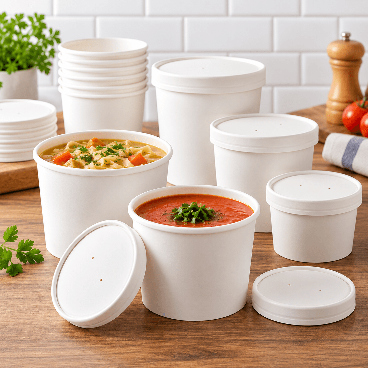 White Paper Soup Cups Lineup on Countertop
