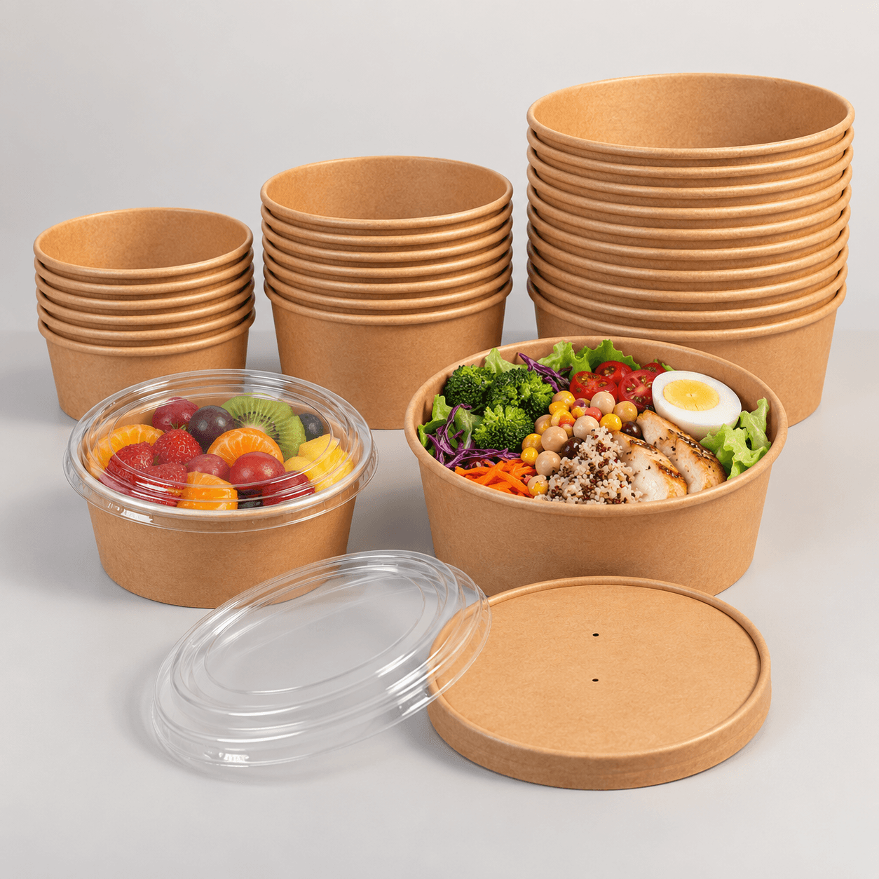 Kraft Round Paper Bowls Stack and Fresh Salad Display
