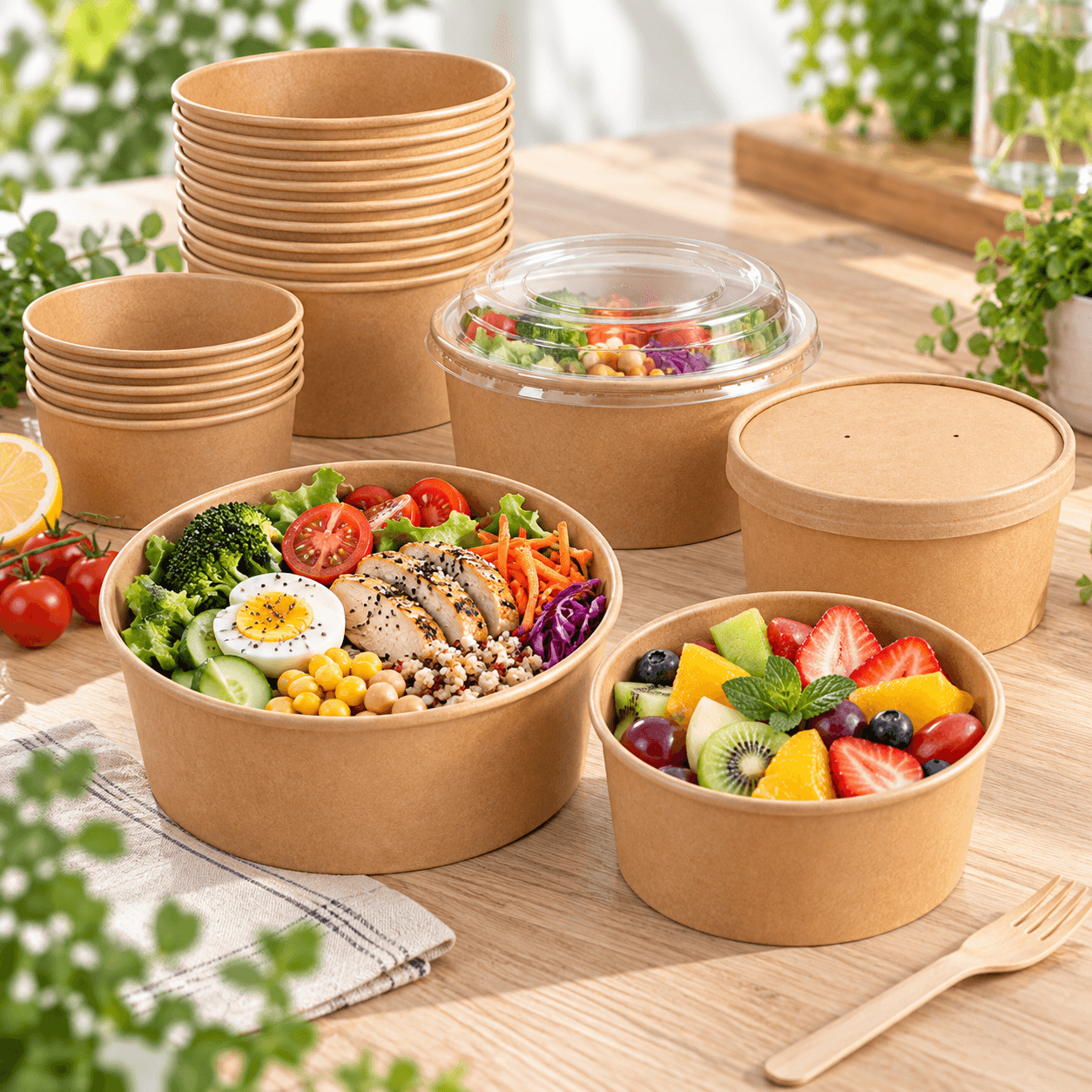 Round Takeaway Salad Bowls on Wooden Dining Table
