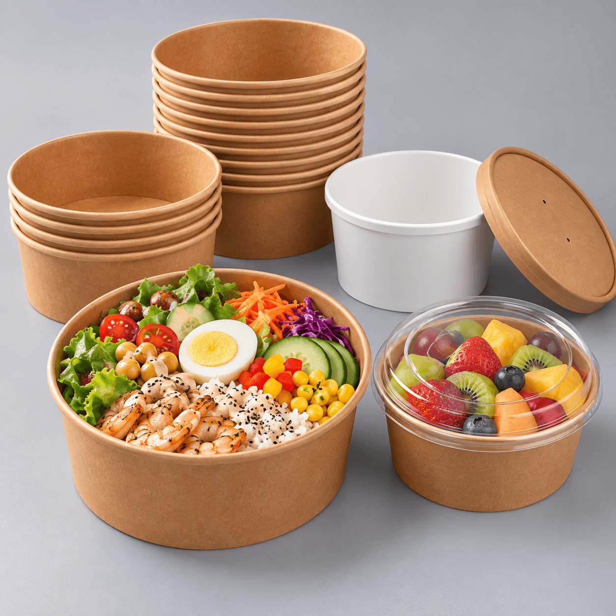 Kraft and White Round Food Bowls with Fresh Salad and Fruit