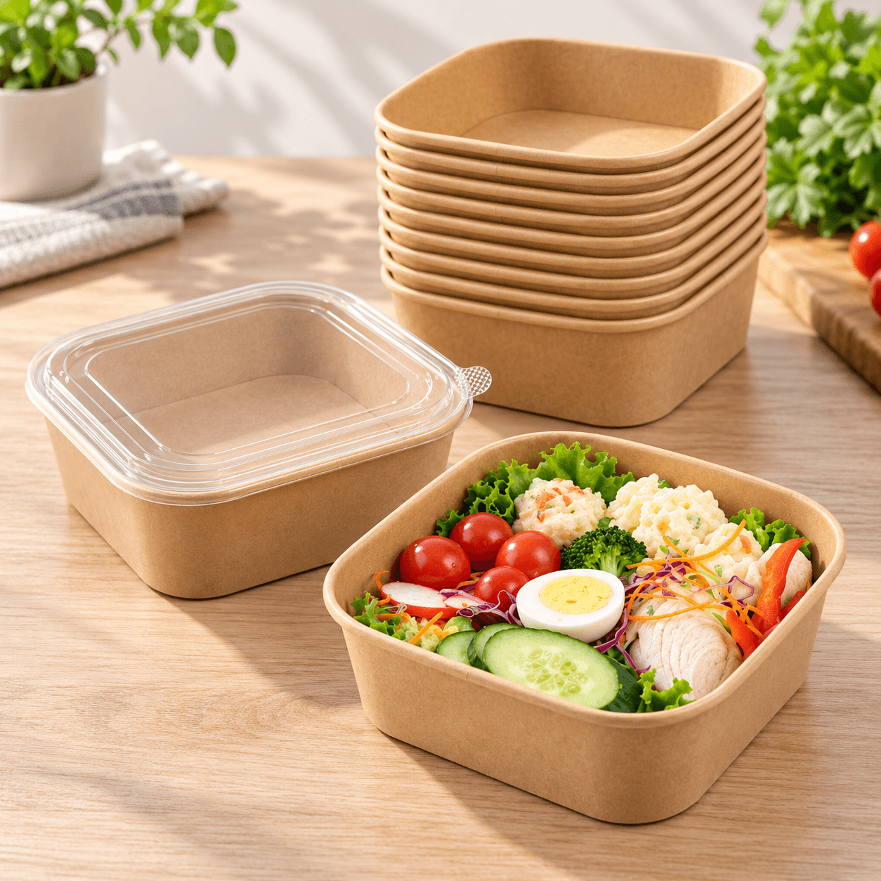 Kraft Square Paper Bowls Stack with Fresh Meal on Wooden Table