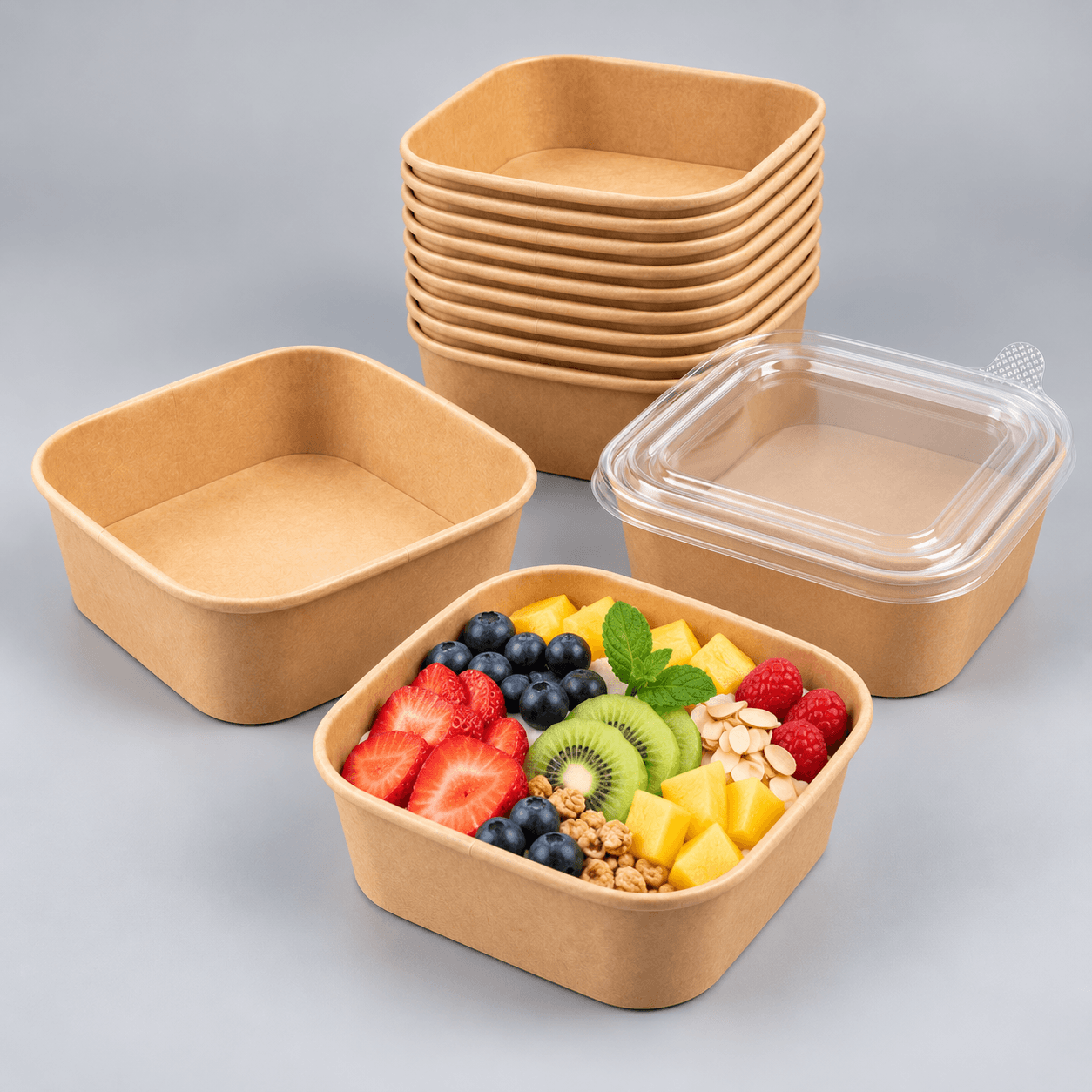 Square Paper Food Bowls with Colorful Fresh Fruit Salad