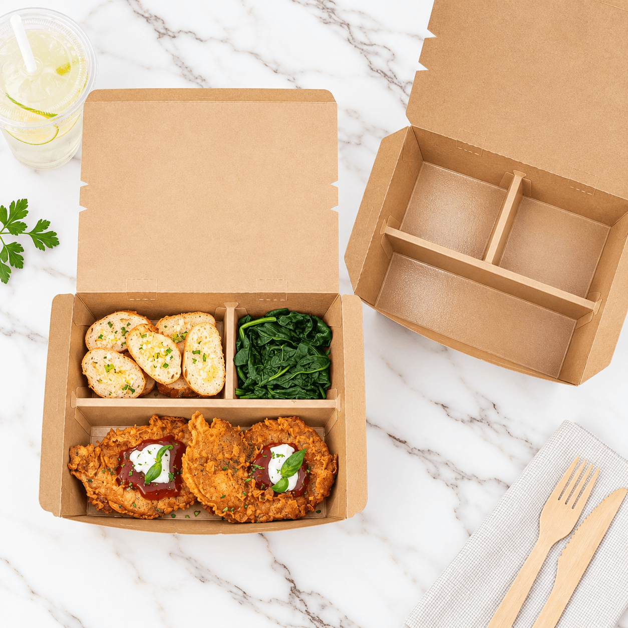 Top View of Three-Compartment Kraft Paper Meal Box with Insert Divider